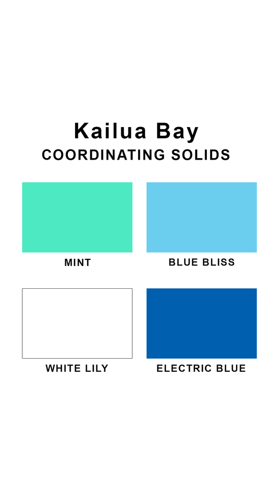 Cargar imagen en el visor de la galería, Coordinating solids chart for Sunsets Kailua Bay swimsuit print: Mint, Blue Bliss, White Lily, and Electric Blue
