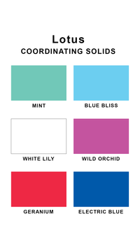 Coordinating solids chart for Sunsets Lotus swimsuit print: Mint, Blue Bliss, White Lily, Wild Orchid, Geranium, and Electric Blue