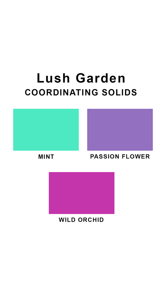 Coordinating solids chart for Sunsets Lush Garden swimsuit print: Mint, Passion Flower, and Wild Orchid