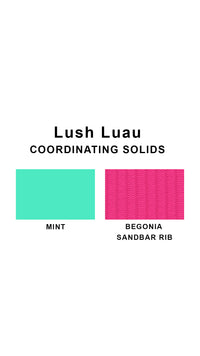 Coordinating solids chart for Lush Luau swimsuit print: Mint and Begonia Sandbar Rib