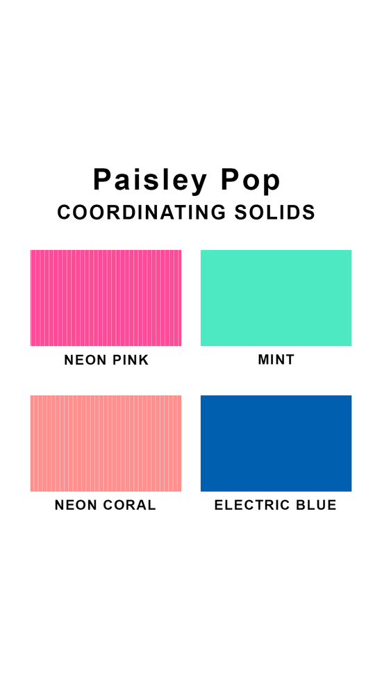 Coordinating solids chart for Sunsets Paisley Pop swimsuit print: Neon Pink, Mint, Neon Coral, and Electric Blue