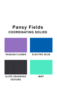 Coordinating solids chart for Pansy Fields swimsuit print: Passion Flower, Electric Blue, Slate Seagrass Texture and Mint
