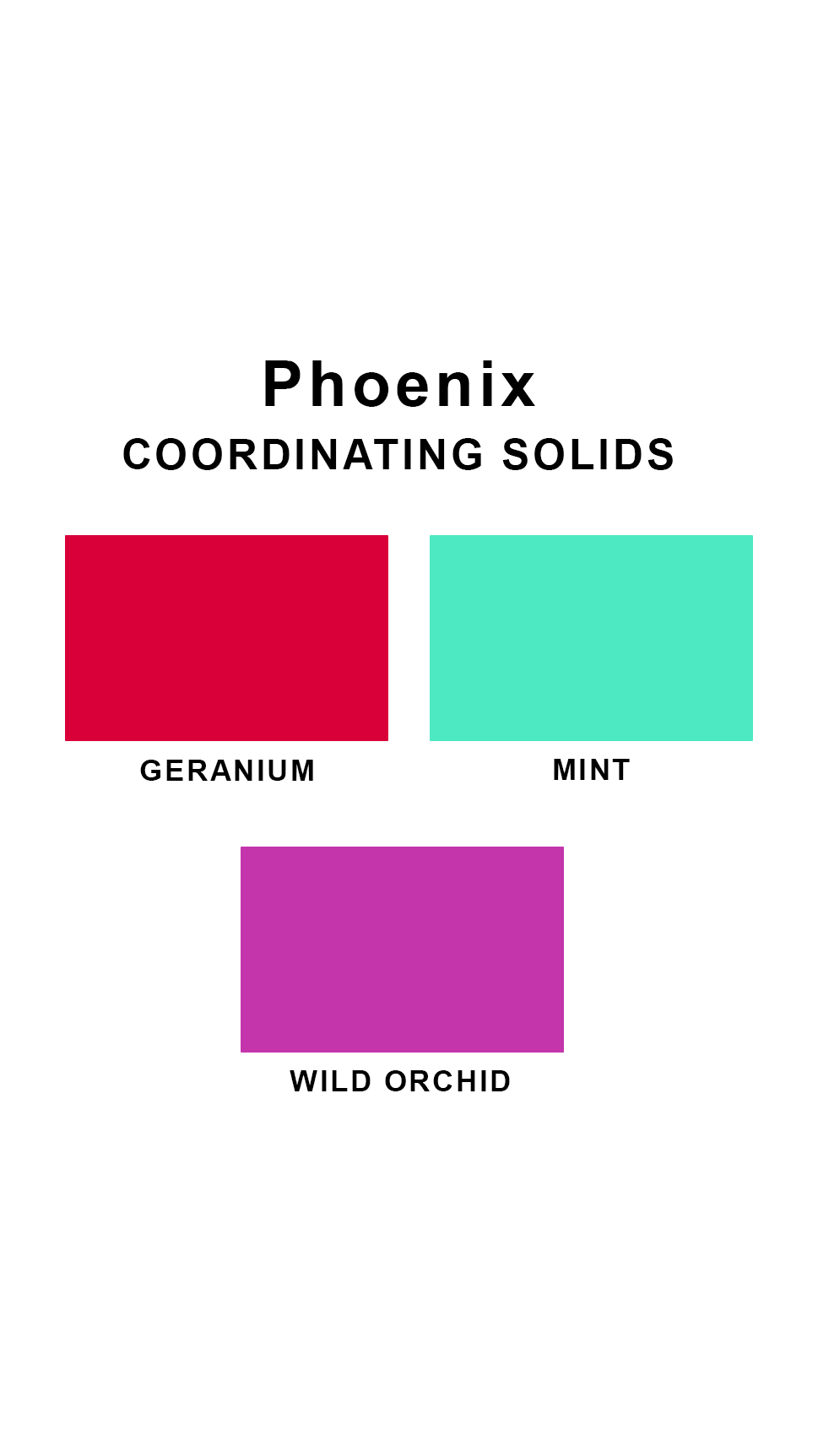 Coordinating solids chart for Sunsets Phoenix swimsuit print: Geranium, Mint, and Wild Orchid