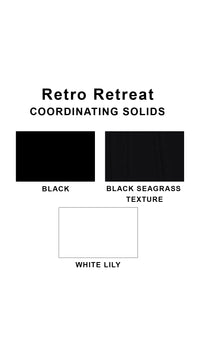 Coordinating solids chart for Retro Retreat swimsuit print: Black, Black Seagrass Texture and White Lily