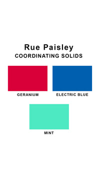 Coordinating solids chart for Rue Paisley swimsuit print: Geranium, Electric Blue and Mint