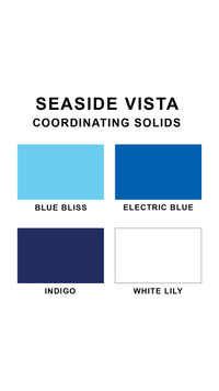 Coordinating solids chart for Seaside Vista swimsuit print: Blue Bliss, Electric Blue, Indigo and White Lily