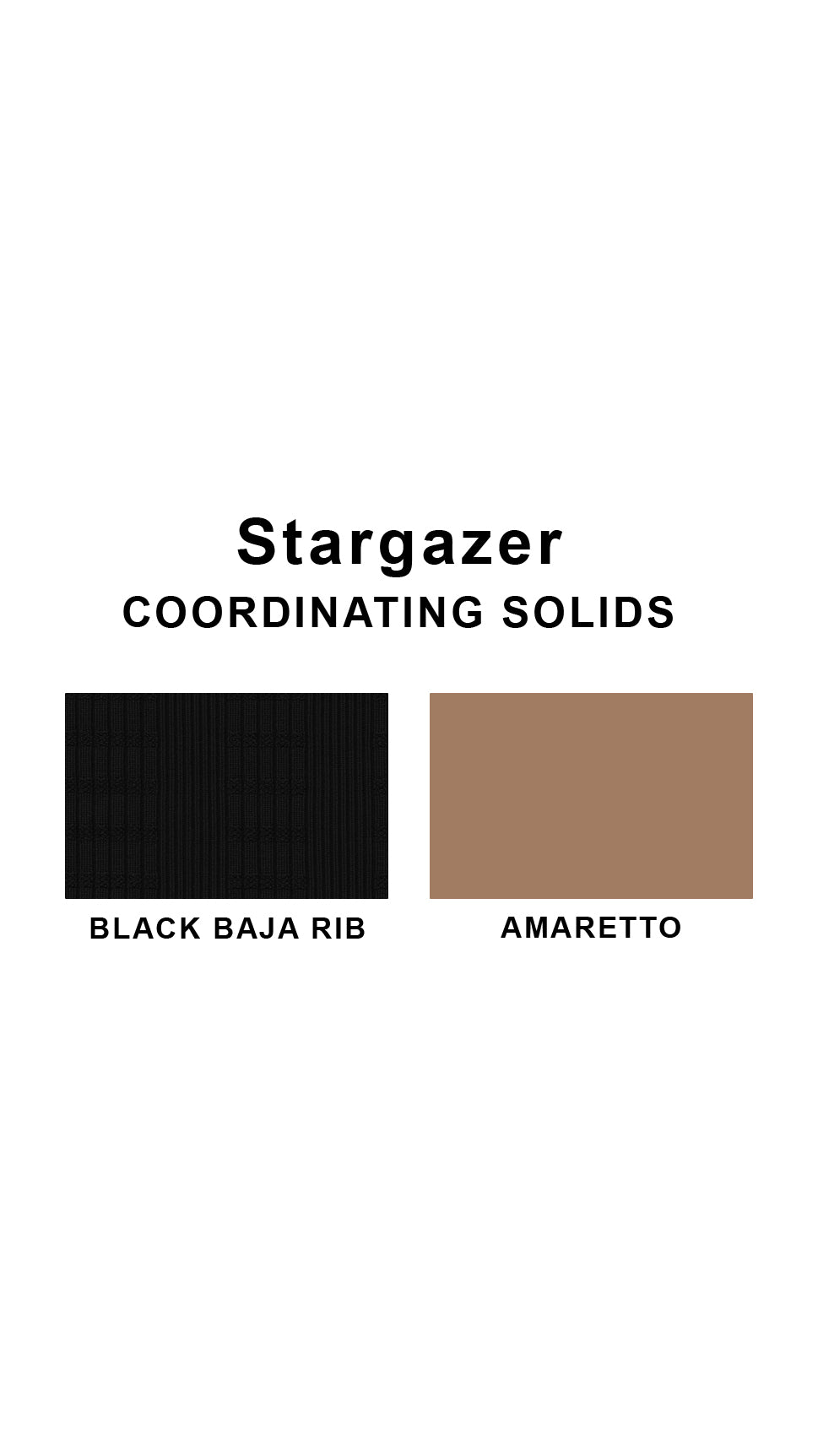 Coordinating solids chart for Stargazer swimsuit print: Black Baja Rib and Amaretto