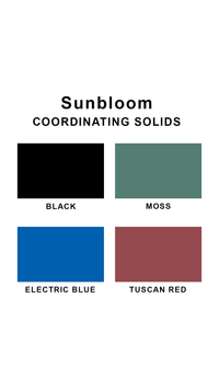 Coordinating solids chart for Sunsets Sunbloom swimsuit print: Black, Moss, Electric Blue, and Tuscan Red