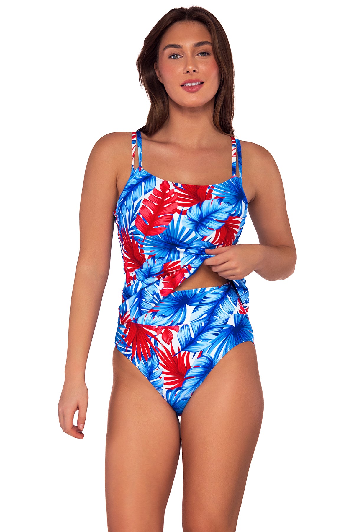 Front view of the Sunsets American Dream Taylor Tankini swim top lifted to show off the American Dream Hannah High Waist bikini bottom with folded waist