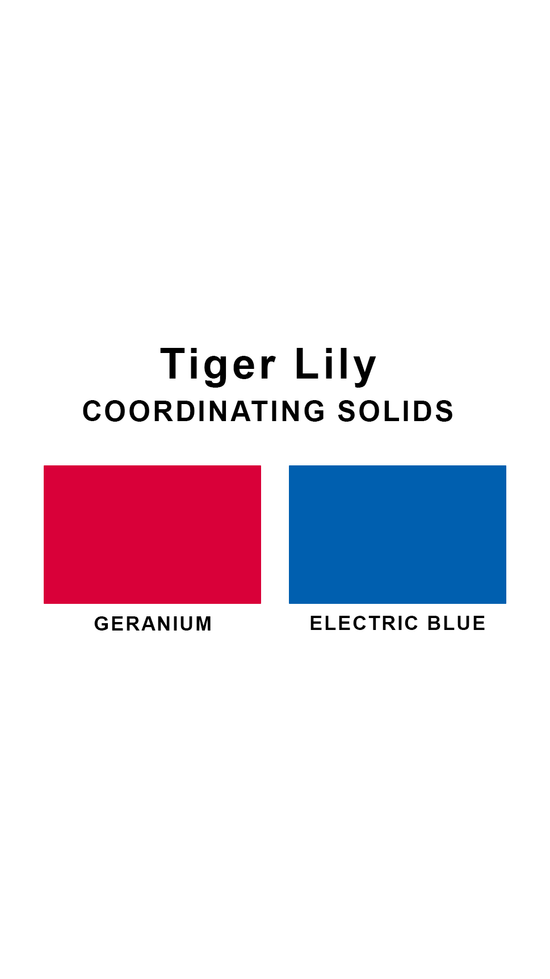 Cargar imagen en el visor de la galería, Coordinating solids chart for Sunsets Tiger Lily swimsuit print: Geranium and Electric Blue
