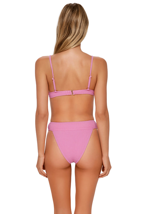 Back pose #1 of Jessica wearing Swim Systems Cotton Candy Scrunch Byron High Waist Bottom paired with matching Bikini Top