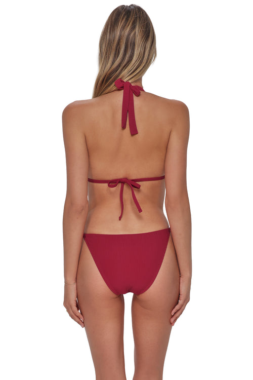 Back pose #1 of Jessica wearing Swim Systems Cherry Pie Rib McKenna Tie Side Bottom