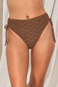 Front pose #2 of Jessica wearing Swim Systems Cocoa Daisy Eyelet Malia High Waist Bottom