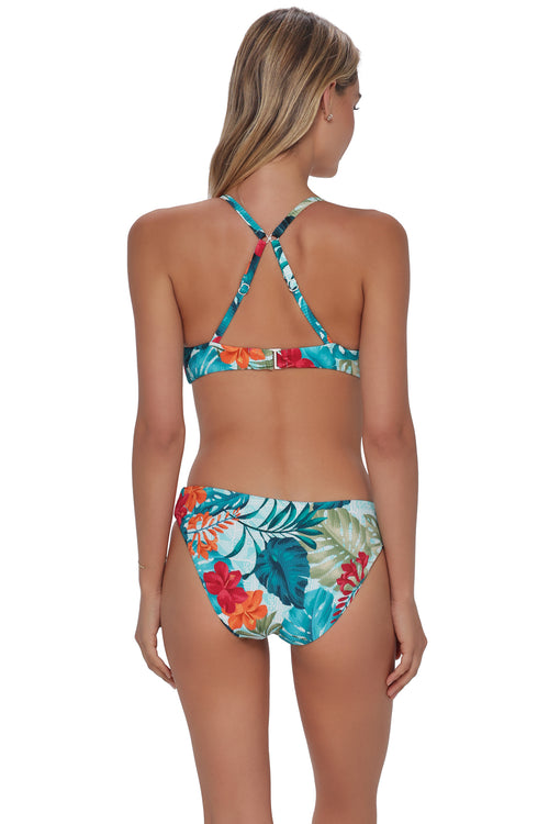 Back pose #1 of Jessica wearing Swim Systems Tiki Tango Rib Chloe Bottom paired with matching Bikini Top