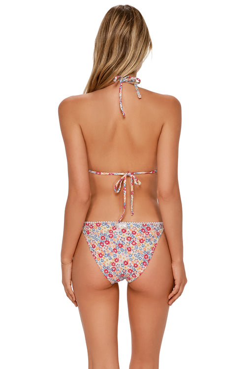 Back pose #1 of Jessica wearing Swim Systems Prairie Petals Pom Pom Tie Side Bottom paired with matching Bikini Top