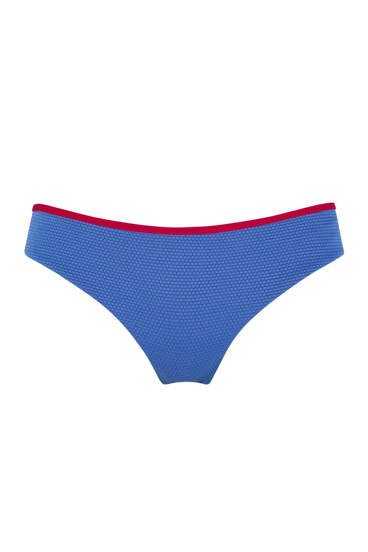 Front pose #1 of a floating garment shot featuring Swim Systems Banner Blue Lurex Berkeley Hipster Bottom