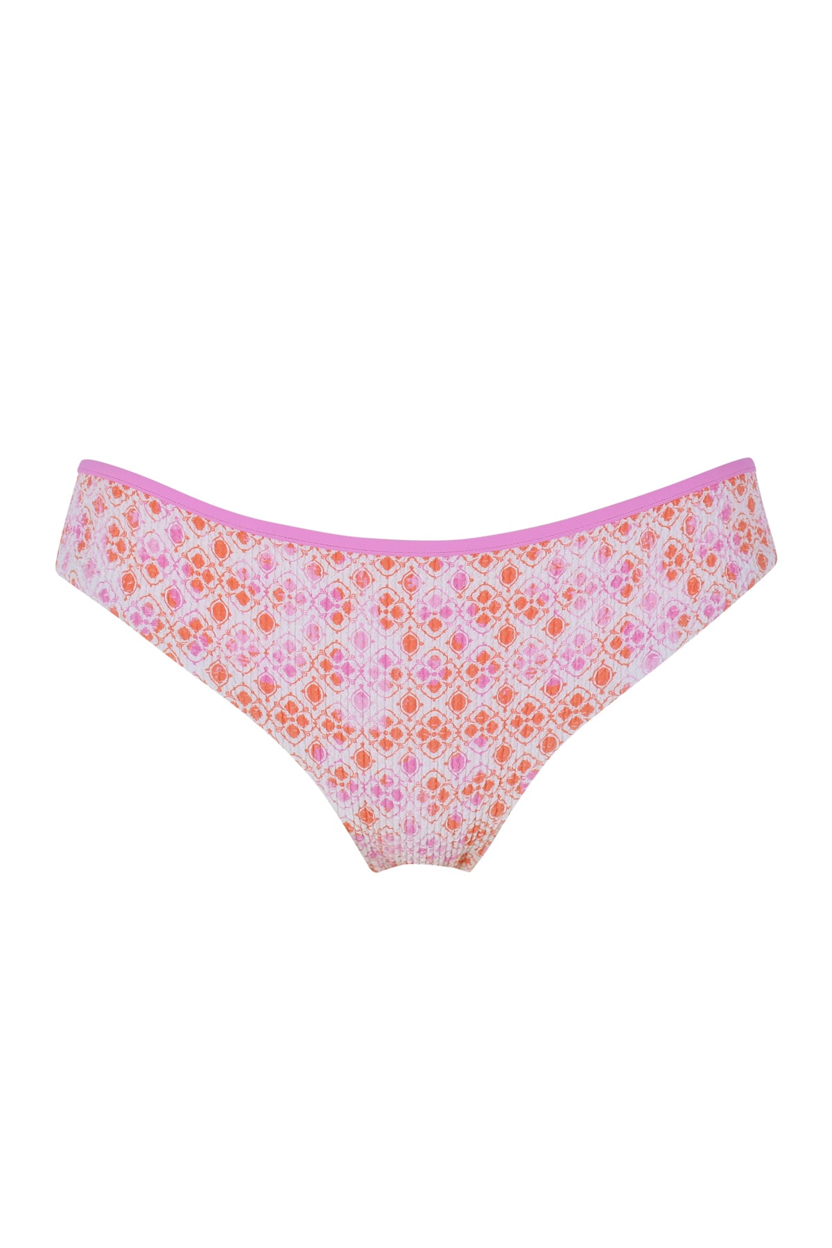 Front pose #1 of a floating garment shot featuring Swim Systems Coral Kiss Scrunch Berkeley Hipster Bottom