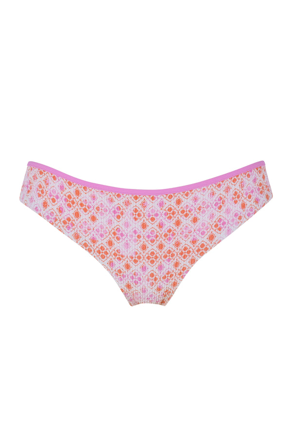 Front pose #1 of a floating garment shot featuring Swim Systems Coral Kiss Scrunch Berkeley Hipster Bottom