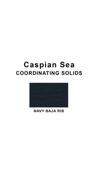 Coordinating solids chart for Caspian Sea swimsuit print: Navy Baja Rib
