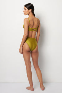 Back pose #1 of Alexa wearing Villa Fresca Shiny Olive Sofia Bikini Bottom paired with