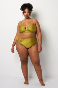 Front pose #1 of Lydia wearing Villa Fresca Shiny Olive Sofia Bikini Bottom paired with