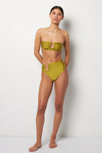 Front pose #1 of Alexa wearing Villa Fresca Shiny Olive Sofia Bikini Bottom paired with