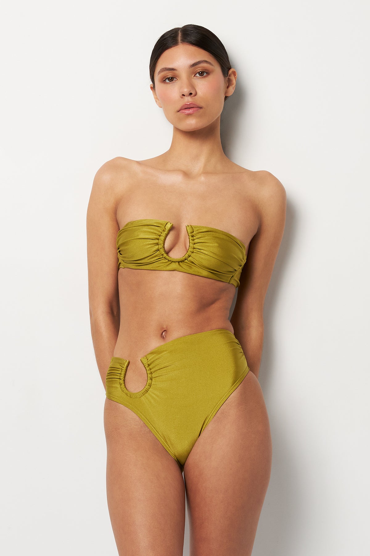 Front pose #4 of Alexa wearing Villa Fresca Shiny Olive Sofia Bikini Bottom paired with