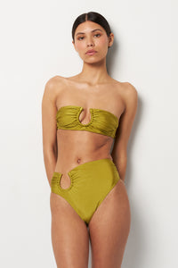 Front pose #4 of Alexa wearing Villa Fresca Shiny Olive Sofia Bikini Bottom paired with