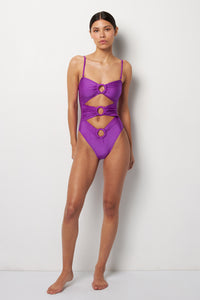 Front pose #1 of Alexa wearing Villa Fresca Shiny Berry Bliss One-Piece