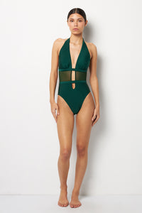 Front pose #1 of Alexa wearing Villa Fresca Shiny Cypress Stella One-Piece