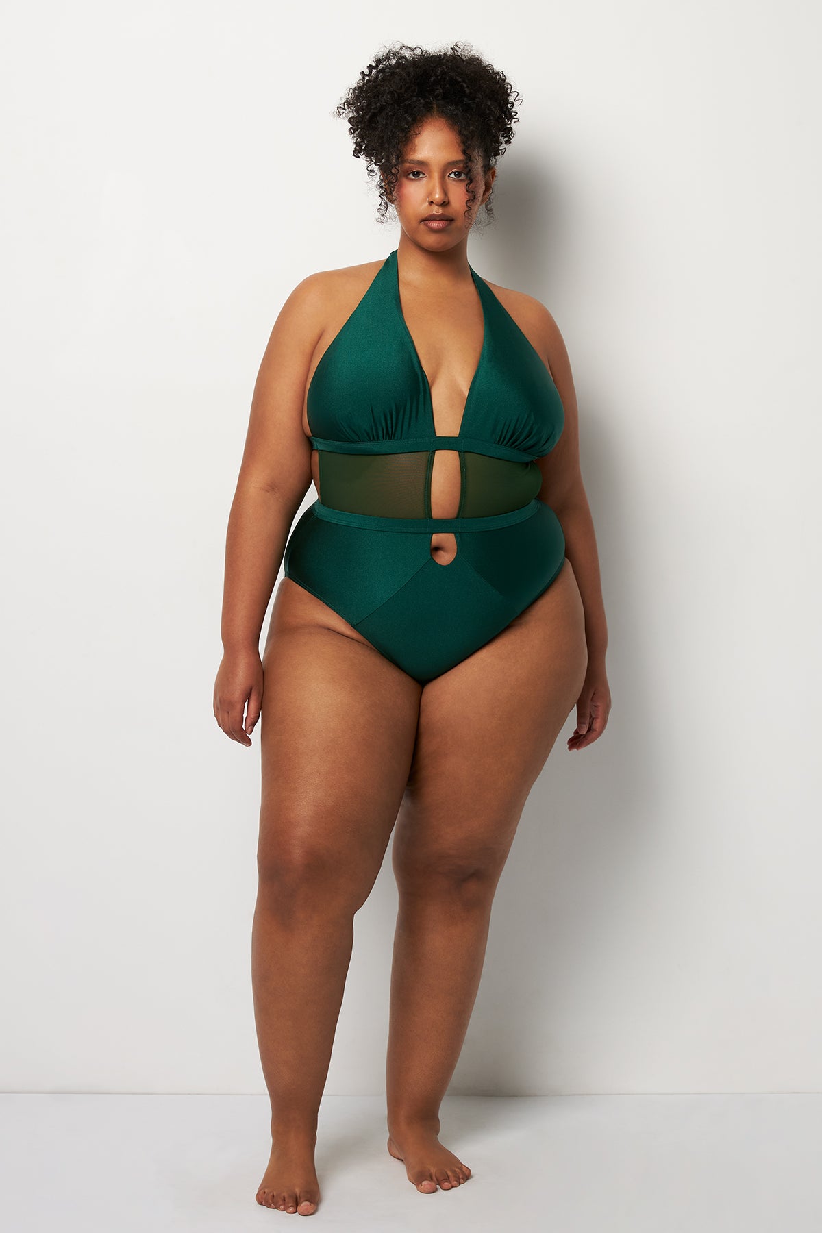 Front pose #1 of Lydia wearing Villa Fresca Shiny Cypress Stella One-Piece