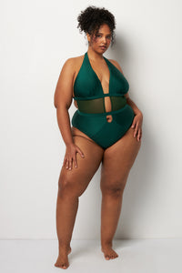 Front pose #3 of Lydia wearing Villa Fresca Shiny Cypress Stella One-Piece