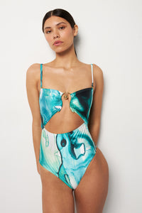 Front pose #3 of Alexa wearing Villa Fresca Tropic Ink Isla One-Piece