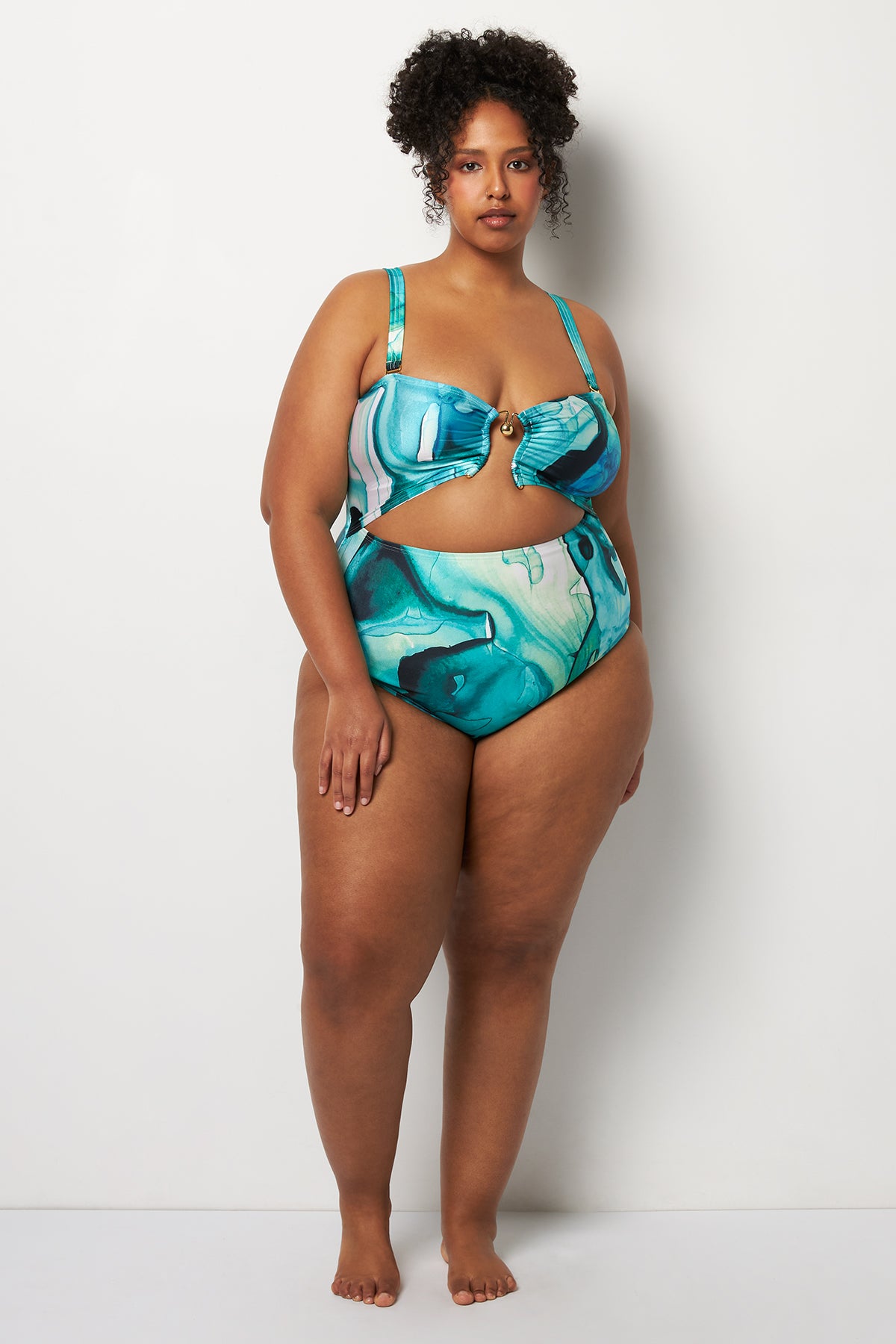 Front pose #1 of Lydia wearing Villa Fresca Tropic Ink Isla One-Piece