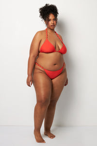 Front pose #1 of Lydia wearing Villa Fresca Spritz Sole Beaded Bikini Top paired with