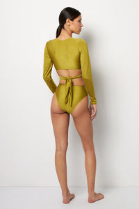 Back pose #1 of Alexa wearing Villa Fresca Shiny Olive Lucia Bikini Top paired with