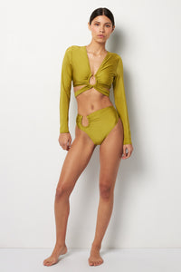 Front pose #1 of Alexa wearing Villa Fresca Shiny Olive Lucia Bikini Top paired with