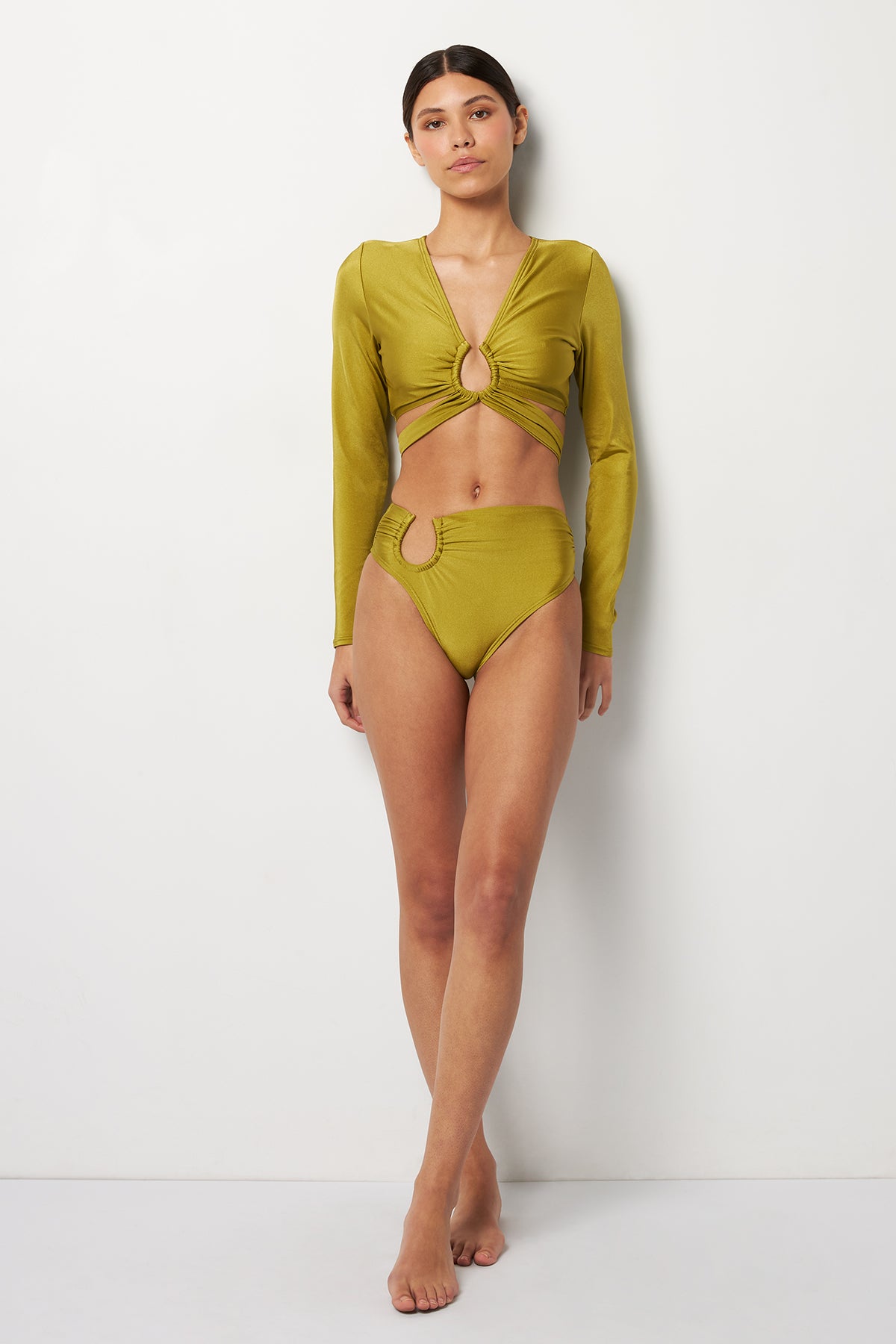 Front pose #4 of Alexa wearing Villa Fresca Shiny Olive Lucia Bikini Top paired with