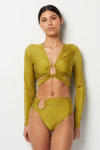 Front pose #5 of Alexa wearing Villa Fresca Shiny Olive Lucia Bikini Top paired with