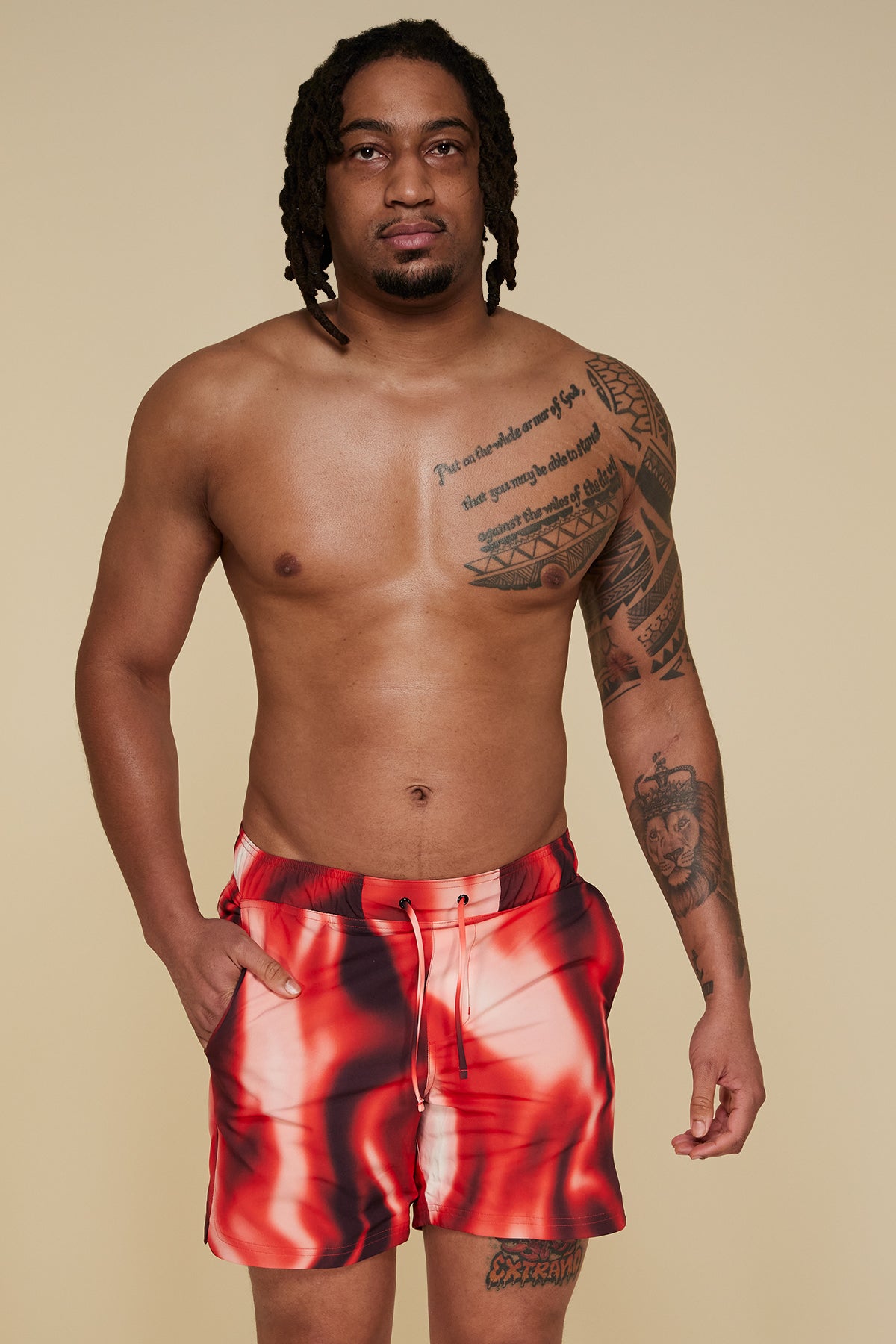 Front pose #1 of Jon wearing B Swim Trade Winds Bermuda Board Short 