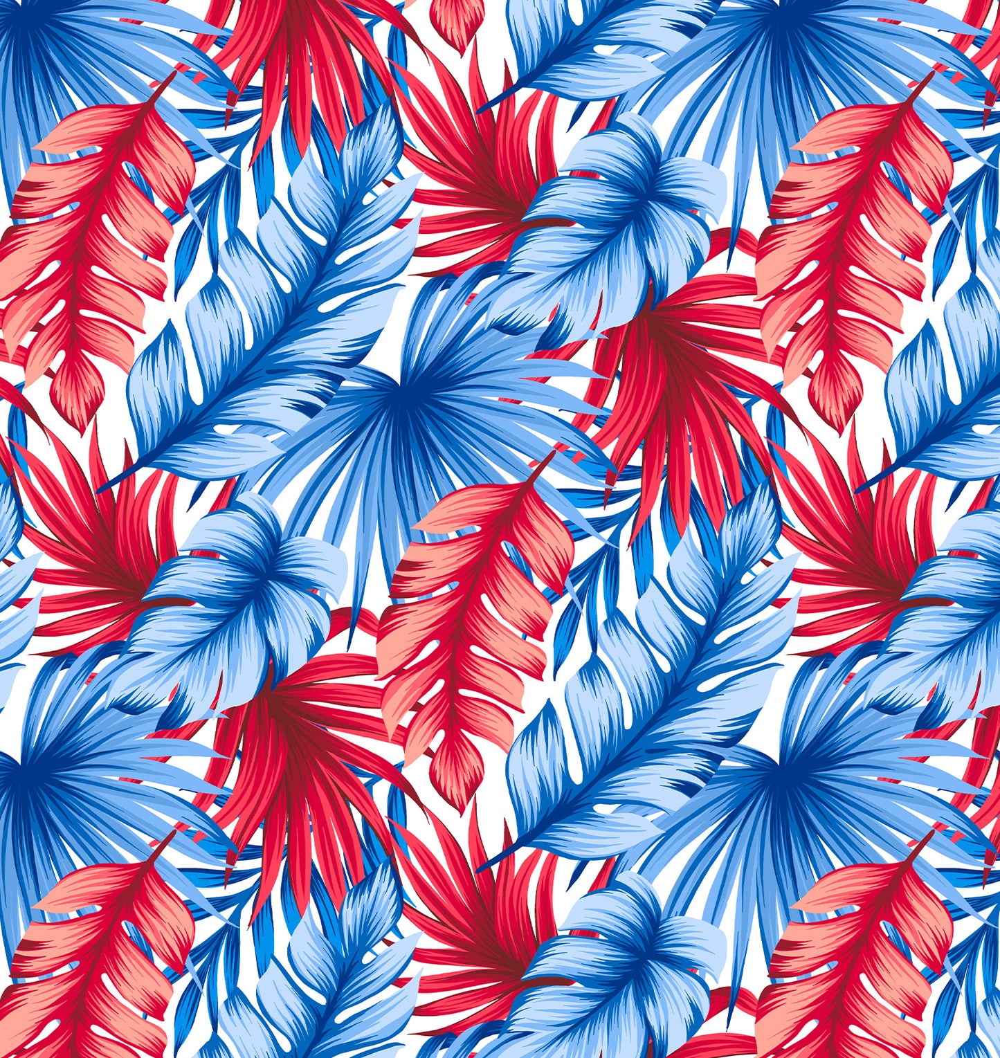 American Dream swimsuit print with red, white, and blue palm leaves