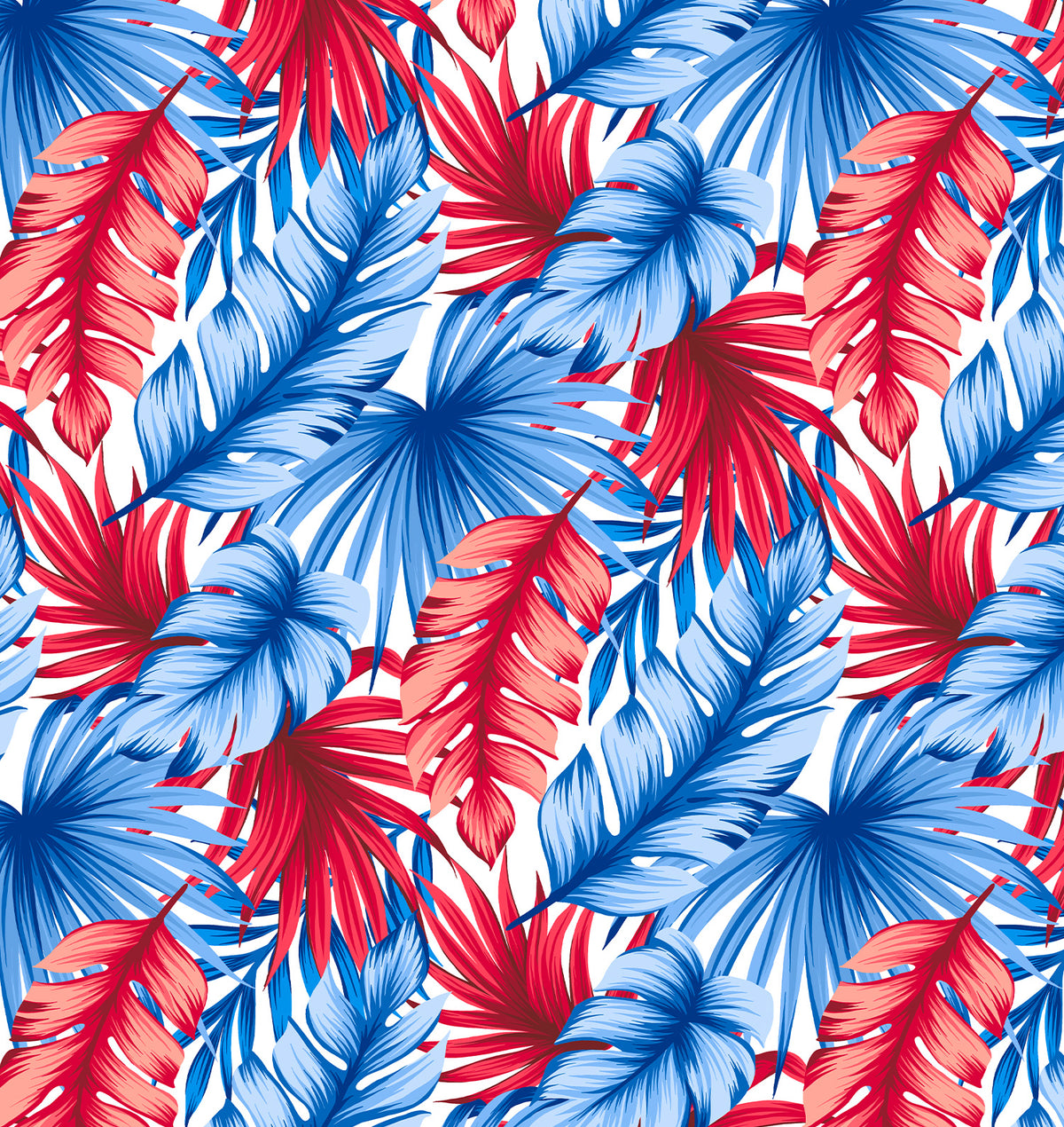 American Dream swimsuit print with red, white, and blue palm leaves