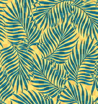 Sunsets Cabana tropical swimsuit print with Avalon Teal palm leaves on a pale yellow background