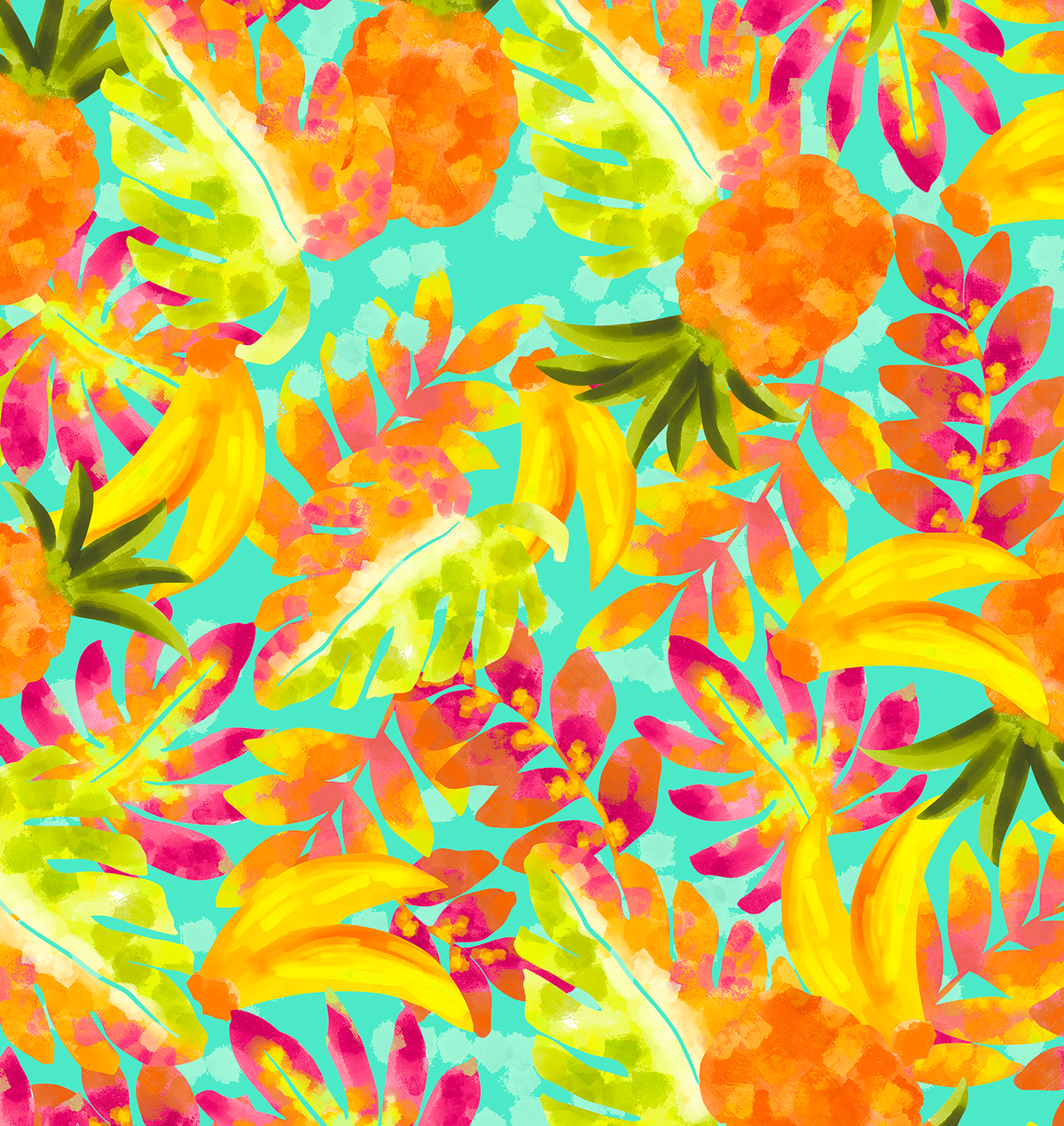 Sunsets Lush Luau tropical swimsuit print with multicolored leaves, pineapples, and bananas on a Mint background