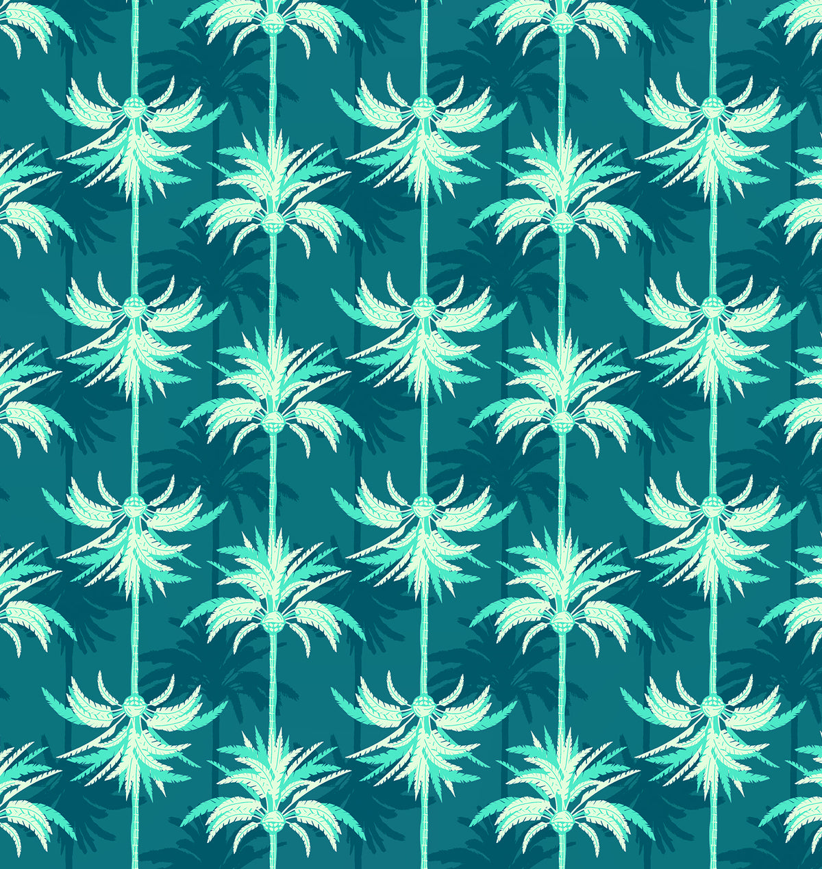 Sunsets Palm Beach two-tone graphic print featuring white-and-teal palm tree stripes on an Avalon Teal background