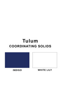 Coordinating solids chart for Tulum swimsuit print: Indigo and White Lily