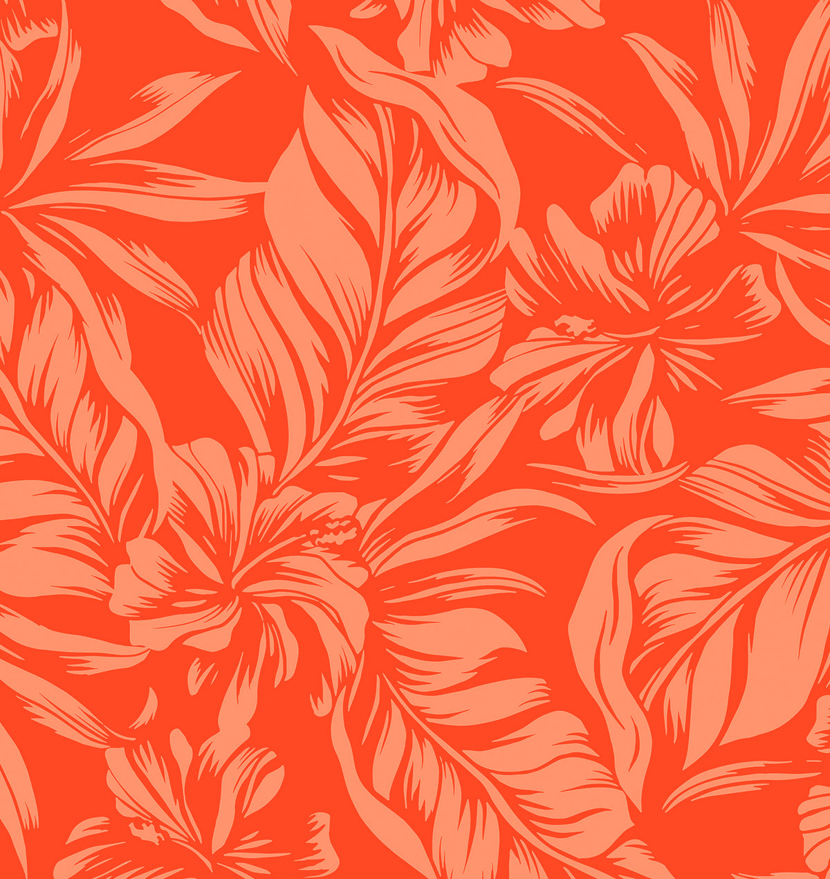 Swim Systems Alani monochromatic Hawaiian swimsuit pattern, featuring hibiscus on a tangelo orange background; made from recycled fabric