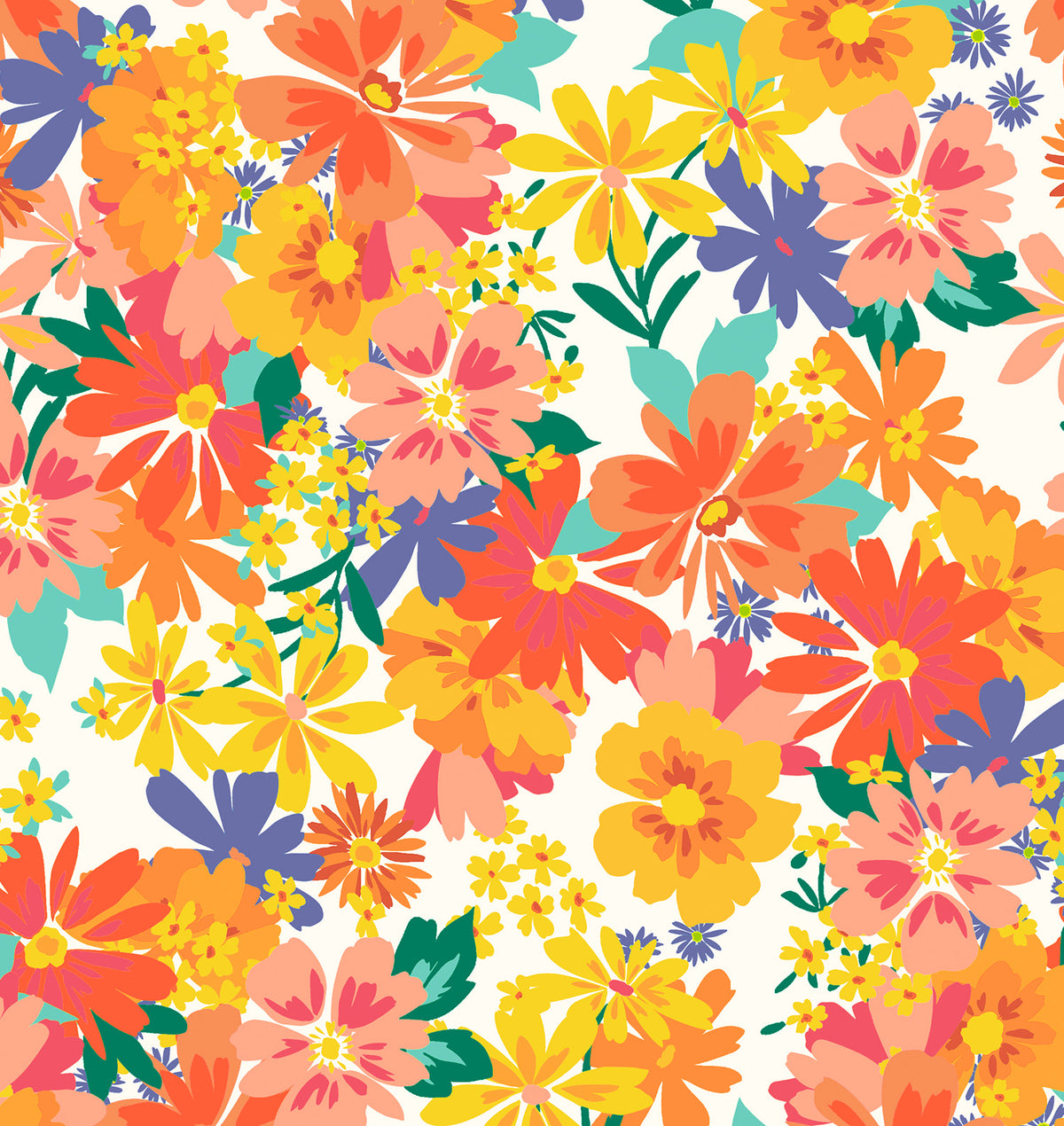 Swim Systems Beach Blooms 60s-inspired floral print with vibrant vintage wildflowers on a white background, made from recycled fabric