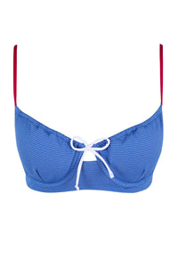 Front pose #1 of a floating garment shot featuring Swim Systems Banner Blue Lurex Maggie Underwire Top