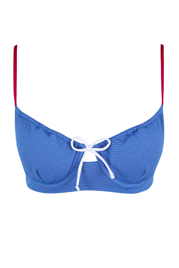 Front pose #1 of a floating garment shot featuring Swim Systems Banner Blue Lurex Maggie Underwire Top